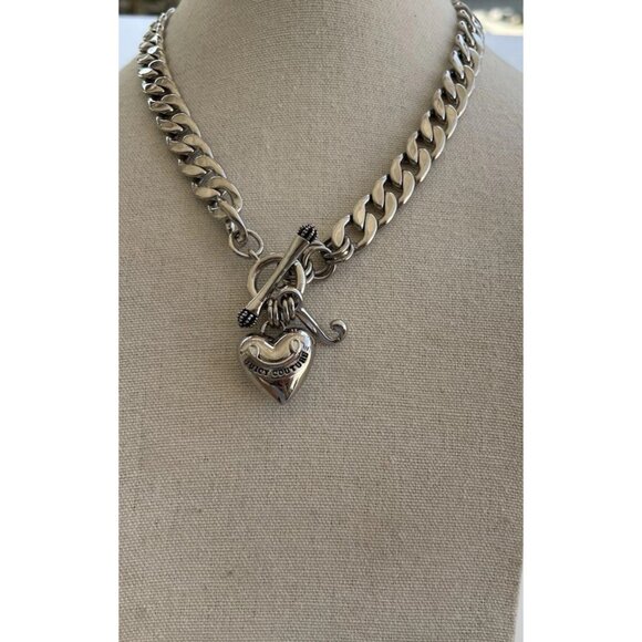 Juicy Couture Logo Heart J Charms Silver Tone Chain Link Toggle Necklace 17” - Picture 3 of 16